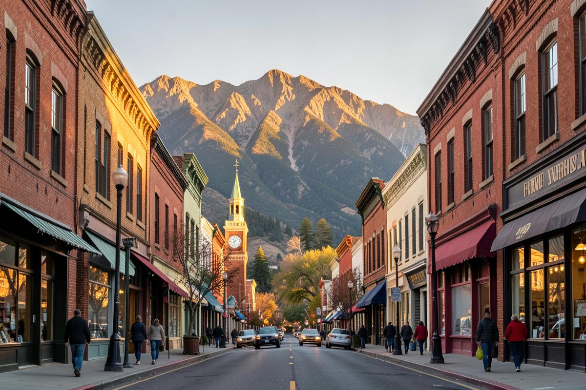 Historic Colorado main street with a clock tower and mountain backdrop